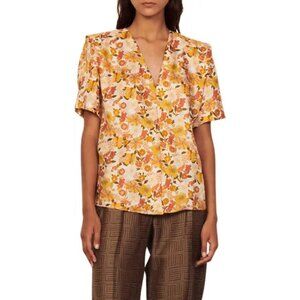 NWT SANDRO Silk Flower Blouse 1 (2-4) Ivory Yellow Orange